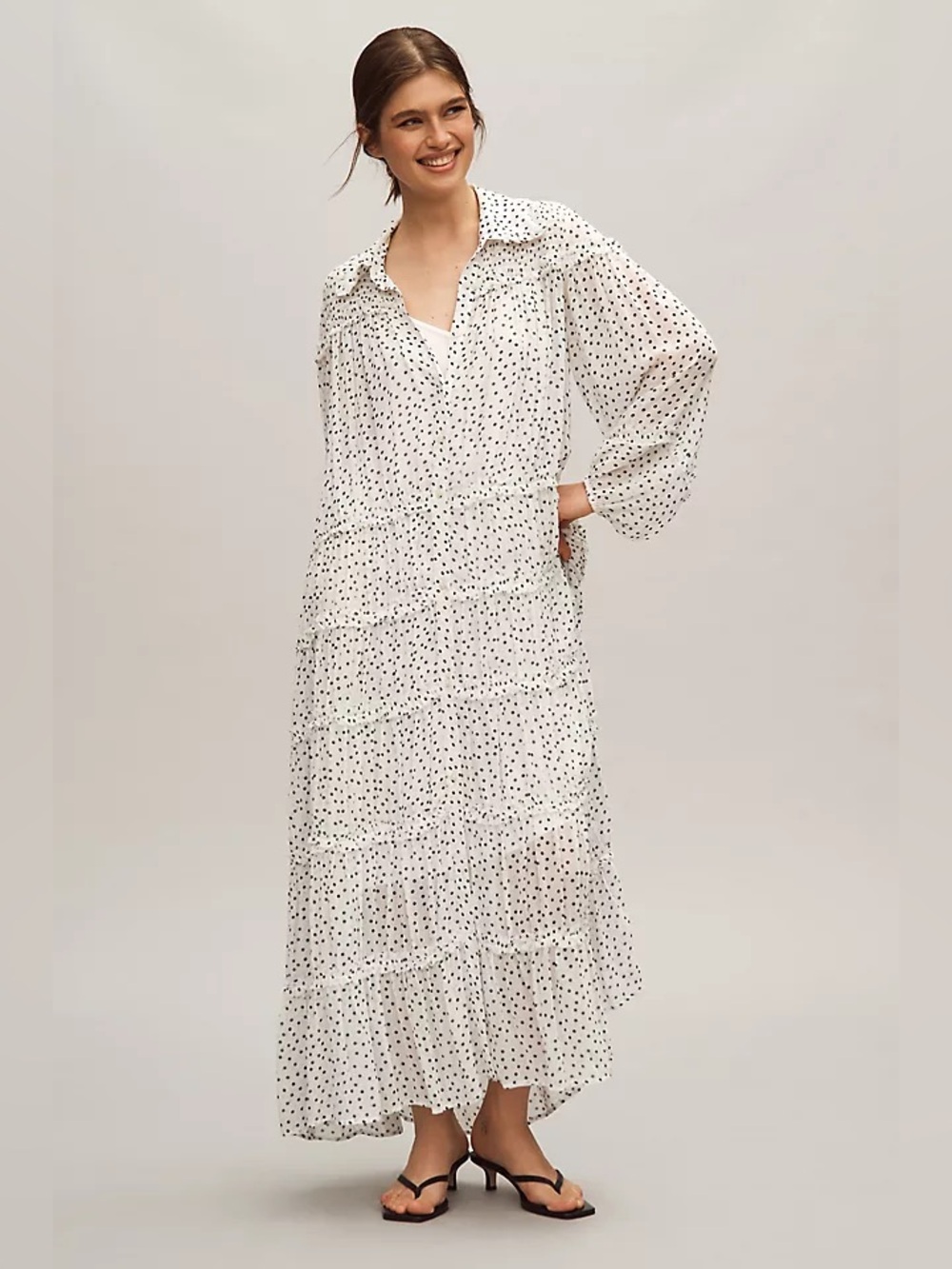 Anthropologie Long-Sleeve Smocked Tiered Polka Dot Maxi Dress Size L